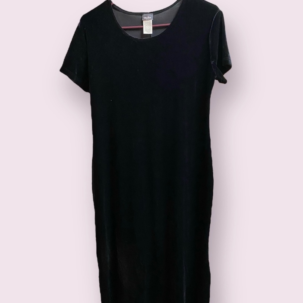 Vintage 60s Davida USA Short Sleeve Long Velvet Black Dress L/XL Read Descrip